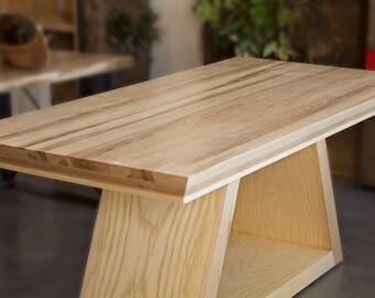 Handmade Wood Dining Table in Ash Wood with Angular Pedestal Table Base