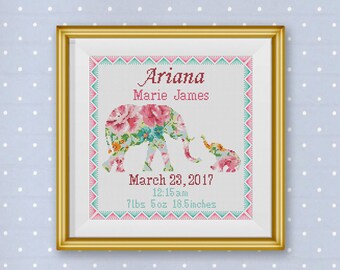 Birth Announcement Cross Stitch Pattern, Floral Baby Elephant Baby Girl Personalized Birth Gift Counted xStitch, Nursery Decor, PDF Download
