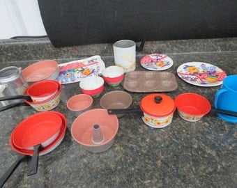 Vintage Child's Cookset and Other Tin Toys