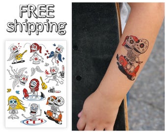 Skeletons kids temporary tattoos set. Mexican style kids tatts with sugar skulls: angel, rock, chainsaw, surf, yoga, vespa, scooter. TA042