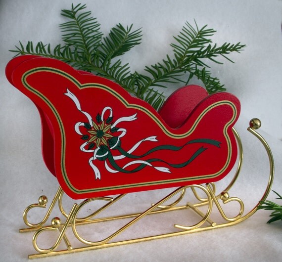 Vintage Christmas Xmas Red Wood Wooden Sleigh Old Stock New In