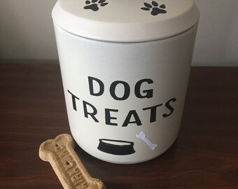 Dog treat canister, vintage metal canister from the 1950's, upcycled with spray paint and vinyl die cut letters.