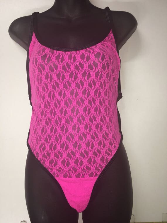 NEW*** MissManeater NEON PINK 1 of a kind see-thru lace zip side designer swimsuit ***