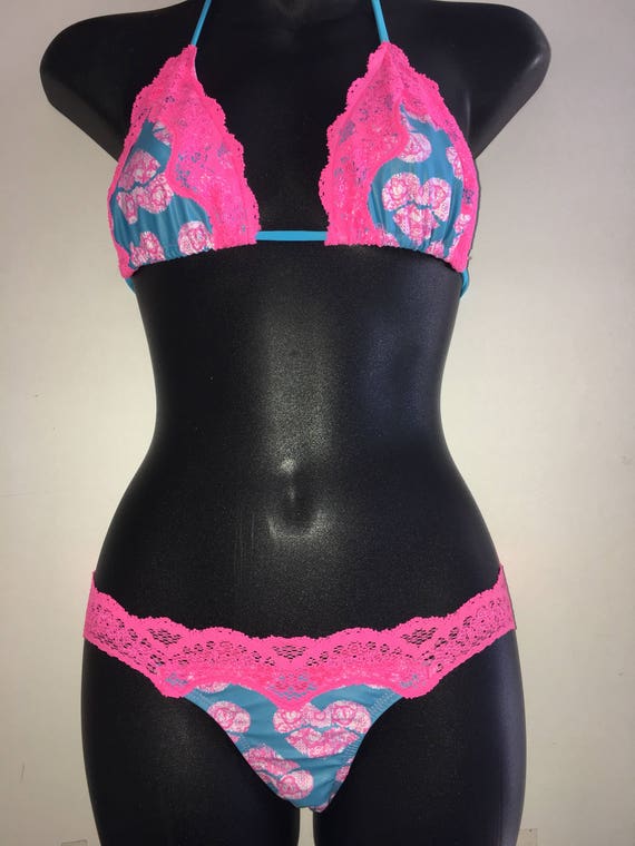 ORIGINAL *** MissManeater SWEETHEART sliding triangle lace edge bikini top with lace waist boutique bikini pant ***SUPER low rise!