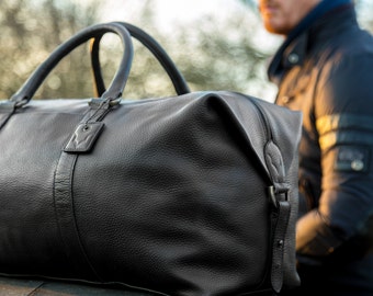 Classic Black (Side Pocket Model) - Real Leather Duffle / Duffel Bag by Fox Archer - Leather Duffle Weekend Holdall Bag