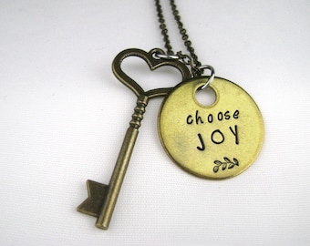 Choose Joy Necklace, Hand Stamped Inspirational Jewelry, Gold Brass Pendant Motivational Quote Long Necklace, Sweet 16 Gift