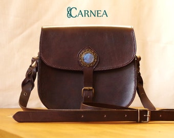 Leather bag Brown - Bag Handbag / satchel - Cabochon glass and blue resin