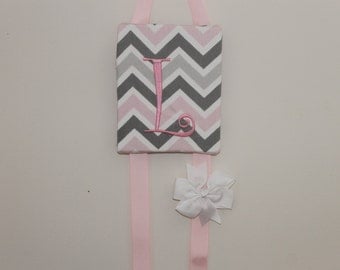 Monogram Hair Bow Holder Pink Grey Chevron Embroidered Personalized Hair Bow Holder Hair Clip Holder Hairbow Holder Hair Bow Organizer