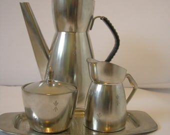 Norwegian Pewter Coffee Pot, Sugar Bowl, Milk/Cream Jug and Tray made by Brødrene Mylius of Kragerø