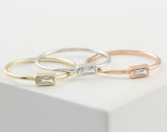 Baguette Ring, Silver Baguette Ring, Sterling Silver Stacking Ring, Gold Baguette Ring, Silver Zirconia Ring, Stacking Gold Ring, SR0409