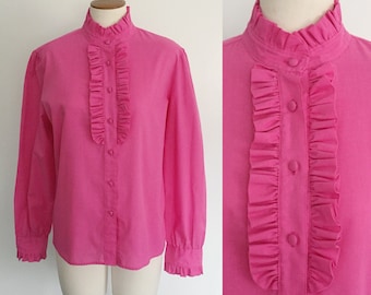1970s hot pink ruffle blouse / 70s blouse / Valentine's Day shirt / medium M large L