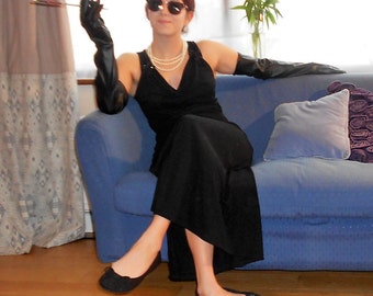 Audrey Hepburn-Style Long Black Evening Dress. Breakfast at Tiffany's Dress. Long Black Faux Leather Gloves.