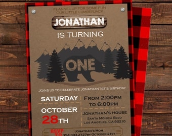 Lumberjack birthday invitation - Lumberjack first invitation - Buffalo Plaid Invitation - One Lumberjack - Editable PDF #DPI187363219