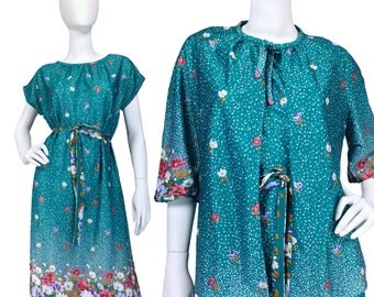 Vintage Clothing, Secretary Dress M L, Teal Dress, 70s Outfit, Dress Set, Floral Dress, Dress w Jacket, 70s Ensemble, Secy Dress, SIZE M L