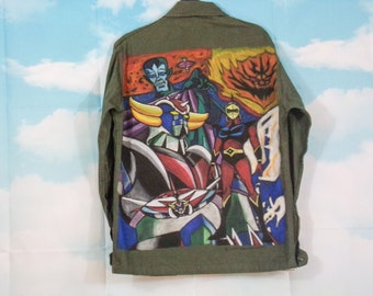 Armor style jacket Khaki hand painted Single model Pattern Goldorak Size M Hand painted by K4U-Créations