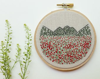 Poppy Meadow. Embroidery Hoop Art. Mountain Embroidery. Landscape. Embroidery Art. Hand Embroidered. 4 inch hoop. Hand Embroidery. Fiber Art