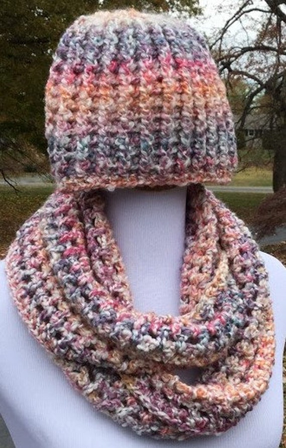Crochet Infinity Scarf and Hat Gift Combo Handmade Beanie and