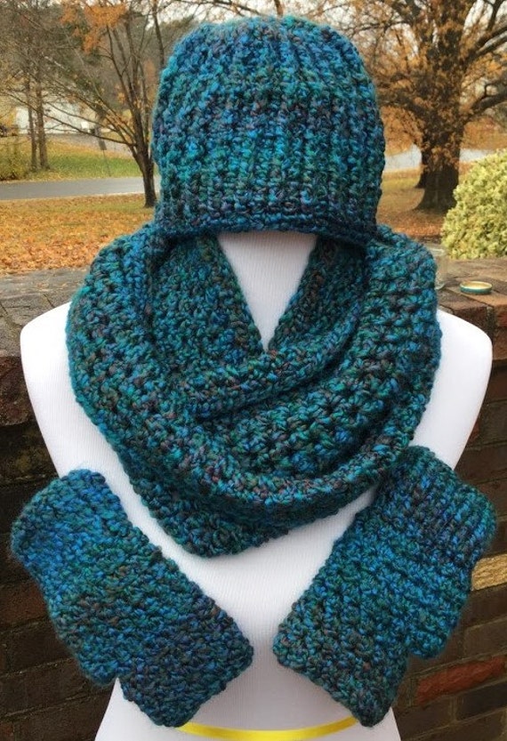 Crochet Infinity Scarf Hat & Fingerless Gloves Set Gift for