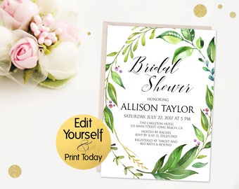 Greenery Bridal Shower Invitation, Greenery Invitation Template, Editable Bridal Shower, Bridal Shower Template, Greenery Invitation