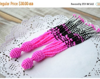 Long short hot pink black silver seed beaded tassel earrings jewelry, Oscar de la Renta style earrings, statement clip on tassel earrings