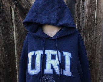 Vintage URI hoodie sweatshirt University of Rhode Island college hoody shirt sewn block letters blue mens womens unisex