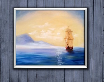 Seascape oil painting on canvas 16x20", 40x50cm framed with free shipping / ready to hang / bright ship ocean sea seascape sunset impasto