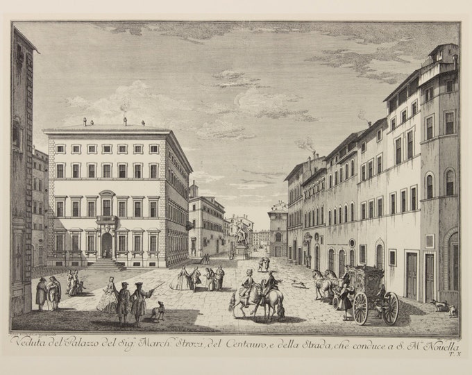 Engraving "The street of Florence, Palazzo del Sig. March, Strozzi, del Centauro, e della Strada" by Giuseppe Zocchi, 19 century