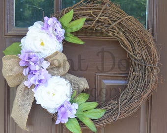 Hydrangea Front Door Wreath / Peony and Burlap Wreath / Purple Flower Door Wreath / Farmhouse Door Wreath / Personalized Wreath with initial
