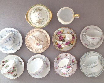 Vintage Mismatched Teacups,Saucers,Set of Eight (8),Mismatched China Tea Cups FREE Creamer and Sugar,Wedding,Bridal,Baby,Shower,Tea Party