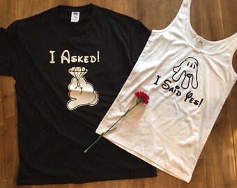 Disney shirts, I asked, I said yes, newly engaged shirts. Disney couple shirts.