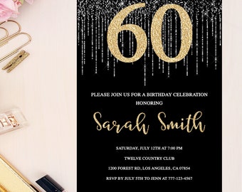 60th birthday invitation, gold glitter glam invitation, 60th birthday invites, string lights, fairy lights birthday invites, any age, adult