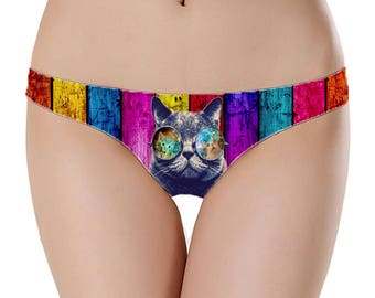 Cool Cat Underwear - Cat Wearing Shades - Colourful Cat - Funny Cat Clothing - Cat Thong - Hippy Clothing - Kitty Cat - Period Panties