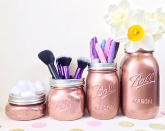 Copper Mason Jar wedding, makeup brush holder, rose gold decor, desk accessories, mason ball jar, makeup organizer, desk tidy, kilner jar
