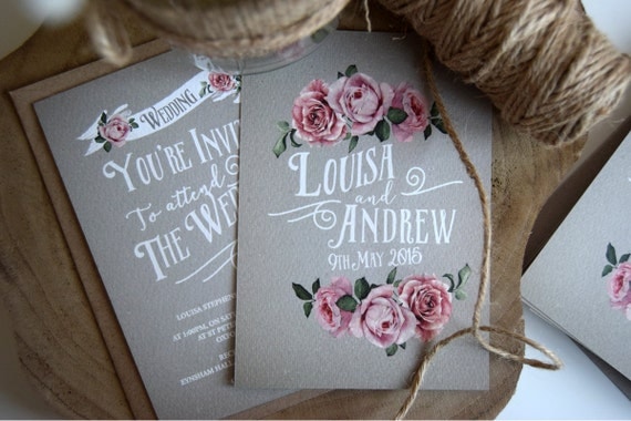 Grey Rustic Rose Wedding Invitation Set Sample