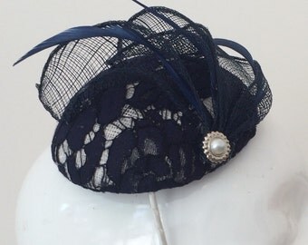 Wedding Fascinator - Headpiece - Fascinator - Wedding - Navy - Blue - Headpiece - Lace Headpiece - Hat -
