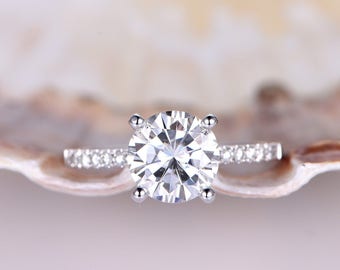 Round Cut 7mm Moissanite engagement ring,solid 14k white gold stacking matching band,anniversary ring,bridal ring,wedding ring.