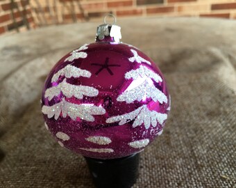 1960s Vintage Mid Century Modern Mad Men Style 2 1/4" Handpainted Purple Christmas Tree,Snow,Stars,Poland Mercury Glass Christmas Ornament