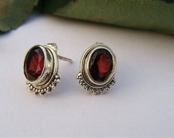 Garnet Stud Earrings, Garnet Earrings, January Birthstone Earrings, Garnet Gemstone Small Sterling Silver Stud Earrings, Garnet Jewelry