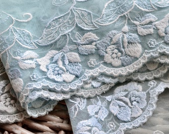 Blue lace trim I Blue embroidered tulle I Lace trim I Blue white lace I Embroidered lace I Lingerie lace I Lace I Scalloped lace trim