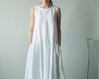 NEW Loose white linen dress / Sleeveless linen dress/ lightly flared / midi linen dress/ summer dress perfect for hot weather
