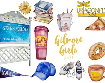 Watercolor Gilmore Girls (Part1) Clipart Set,Lorelai and Rory,Stars Hollow,Luke's Diner,Gilmore Girls,In Omnia,Dragonfly Inn,PNG,Tv Show