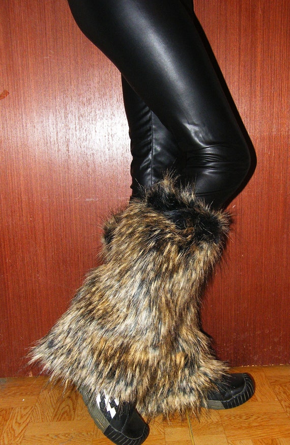 Faux Fur Leg Warmers Boot Covers Brown Wolf Color