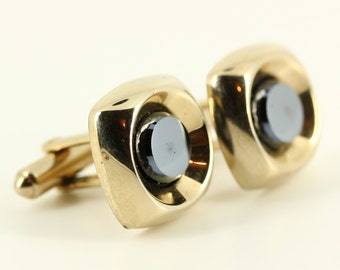 Boutons De Manchette Vintage Hickok - Pierre Cabochon Orange - Finition Or - Occasion USA