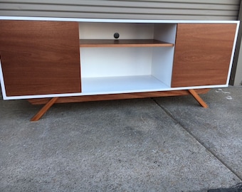 NEW Hand Built Mid Century Inspired TV Stand. Mahogany Two Tone 2 door and center shelf with angled leg base. Buffet / Credenza