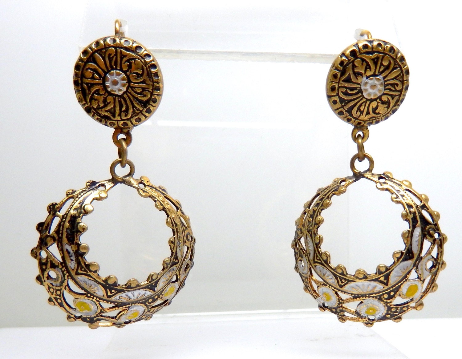 Spanish niello dangle earrings Vintage Gold Vermeil pierced