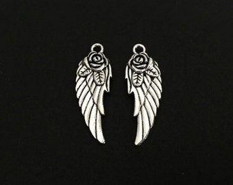 Angel Wing Charm. Lot of 10 / 20 / 30 / 40 / 50 / 100 PCS 2-Sided Angel Wing with Rose Pendants. Handmade Jewelry Supplies.DIY Craft Charms.