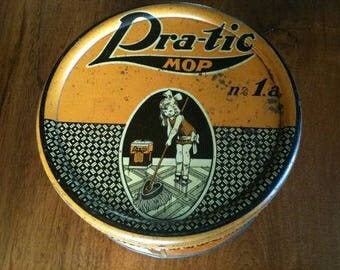 Beautiful antique tin box of Pra-tic mop, 1920s...