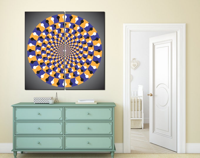Large optical illusion circle art, fractal art prints, pasychedelic wall art, circle art print, trippy art canvas, yellow and blue vortex