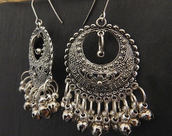 Ethnic silver boho earrings gypsy drop earrings chandelier earrings bell charm earrings silver gypsy earrings rustic earrings