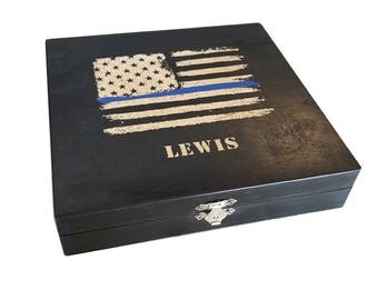 Police Officer Gift - Thin Blue Line - American Flag - Keepsake Box - Police-Law Enforcement Keepsake Box